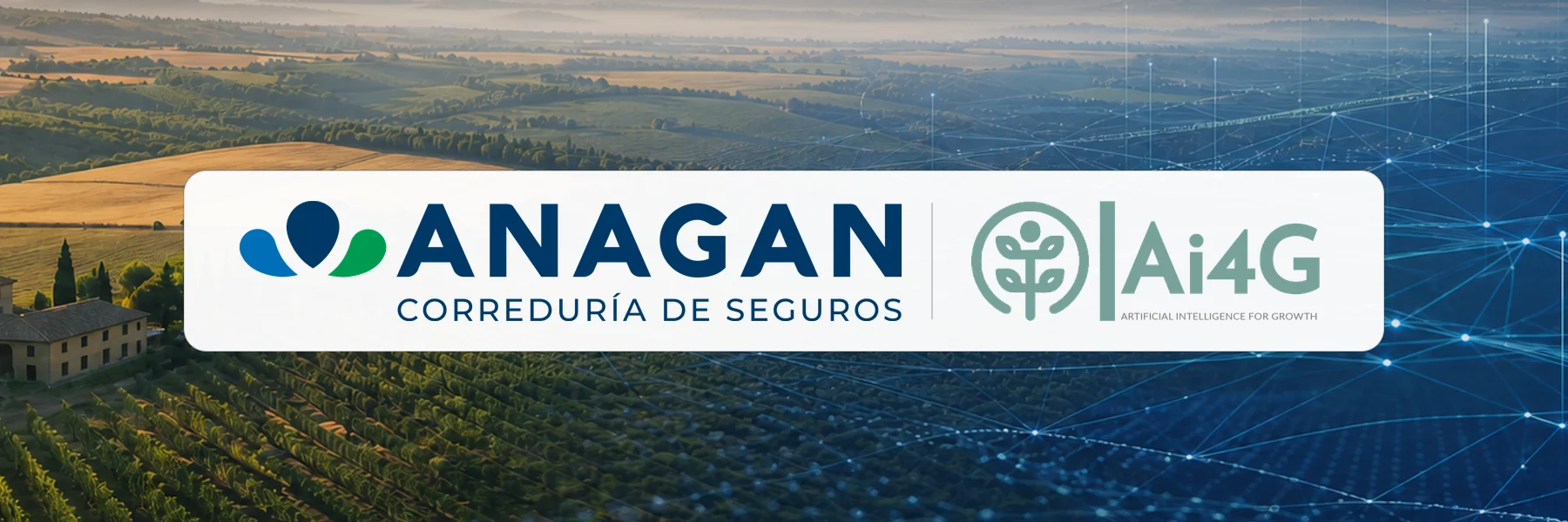 Logotipos de ANAGAN y Ai4G sobre un paisaje agrícola conectado mediante una red digital