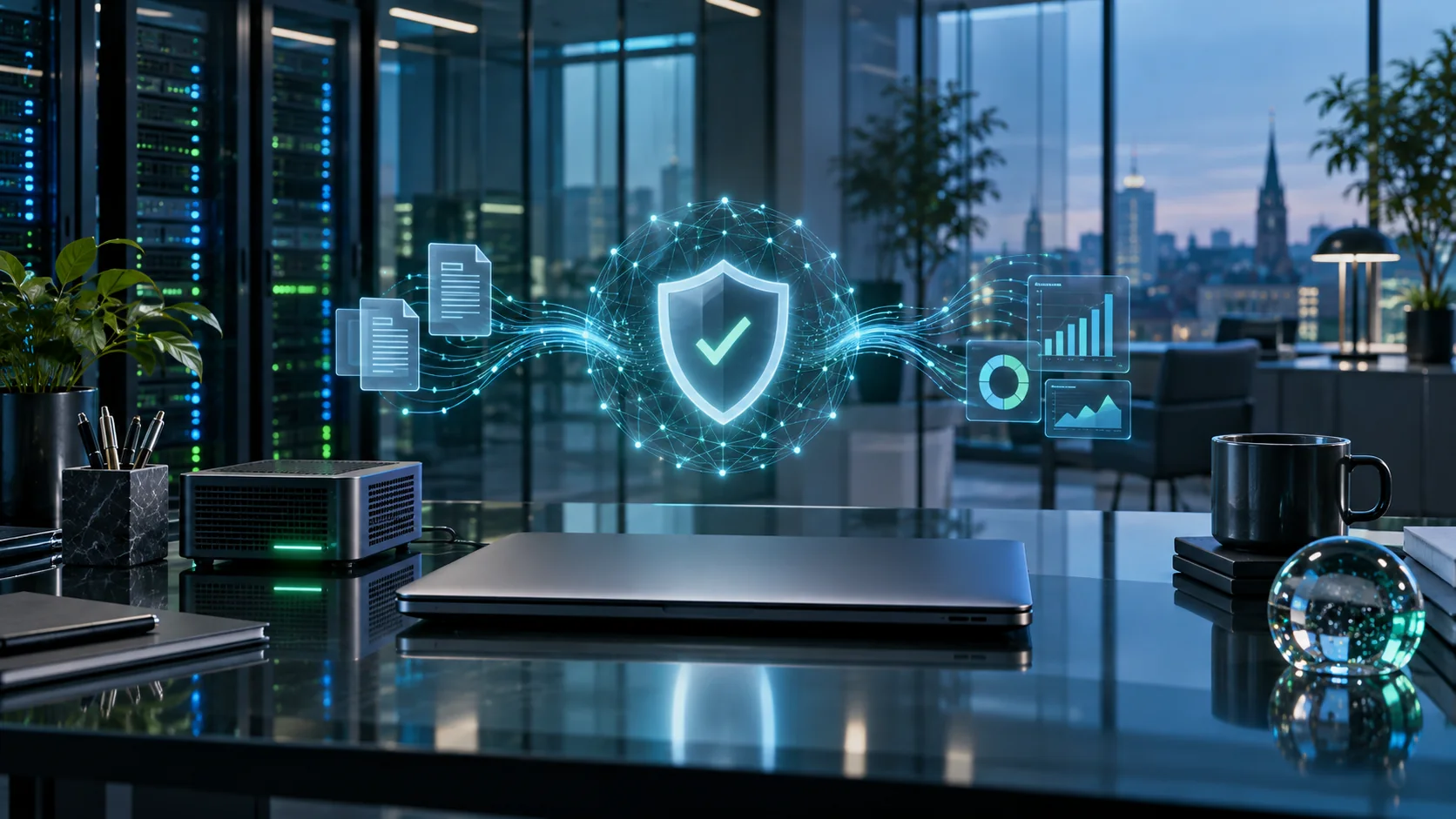 Entorno tecnológico con flujos de datos, analítica y controles de seguridad para inteligencia artificial empresarial